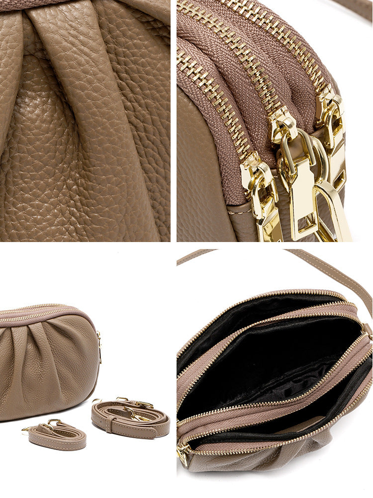 First Layer Cowhide Small Bag Women's Messenger Bag 2026 New Simple All-Match Leather Pleated Mother Bag Mobile Phone Bag