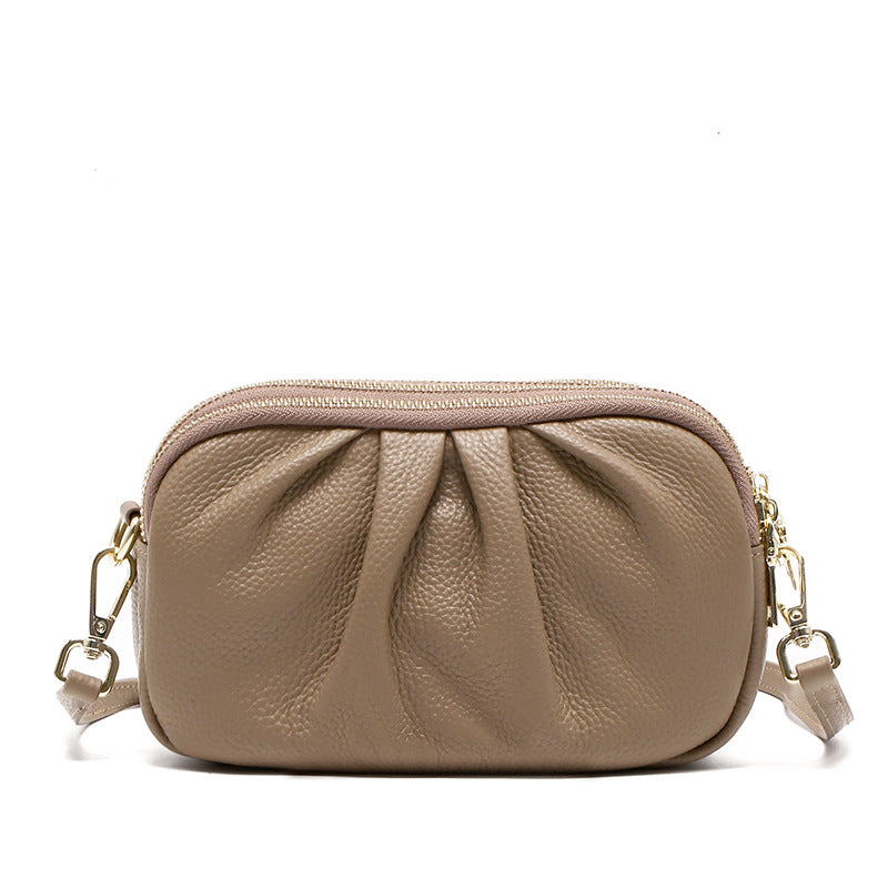 First Layer Cowhide Small Bag Women's Messenger Bag 2026 New Simple All-Match Leather Pleated Mother Bag Mobile Phone Bag