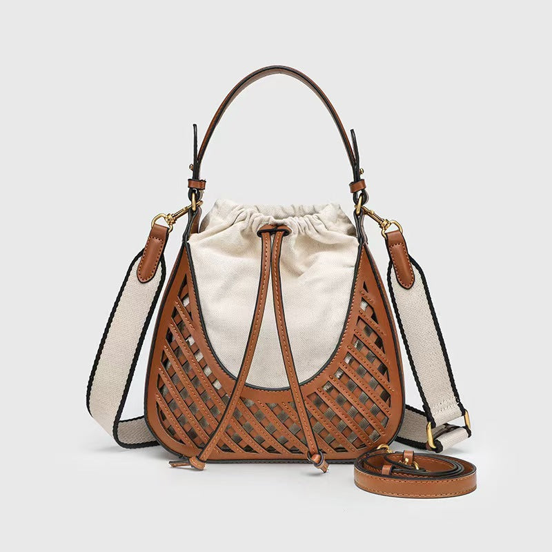 2026 New Model Single-Shoulder Bucket Bag Retro Woven Handbag Crossbody Canvas Drawstring Bag
