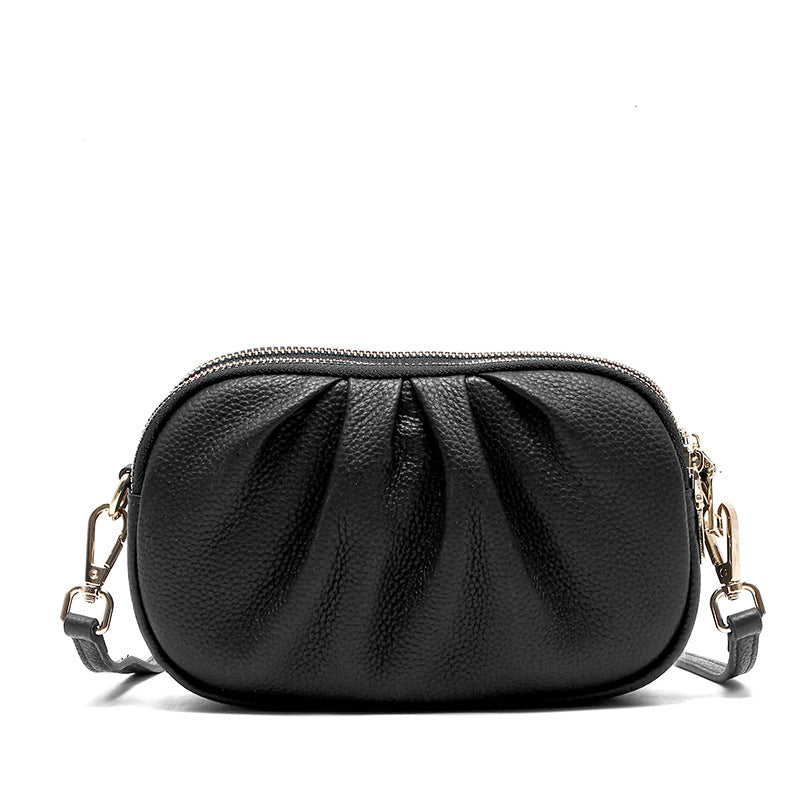 First Layer Cowhide Small Bag Women's Messenger Bag 2026 New Simple All-Match Leather Pleated Mother Bag Mobile Phone Bag