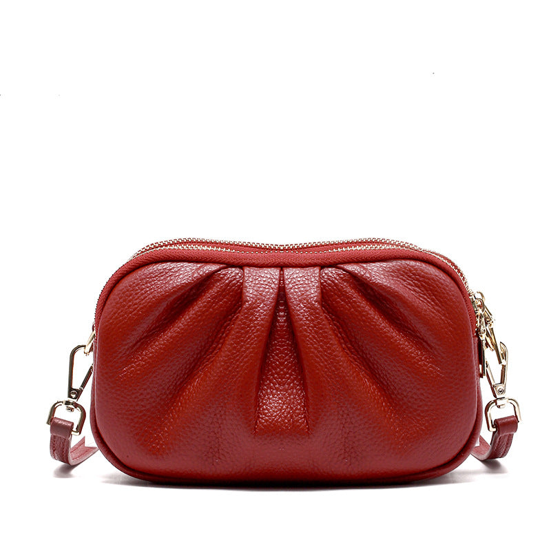 First Layer Cowhide Small Bag Women's Messenger Bag 2026 New Simple All-Match Leather Pleated Mother Bag Mobile Phone Bag